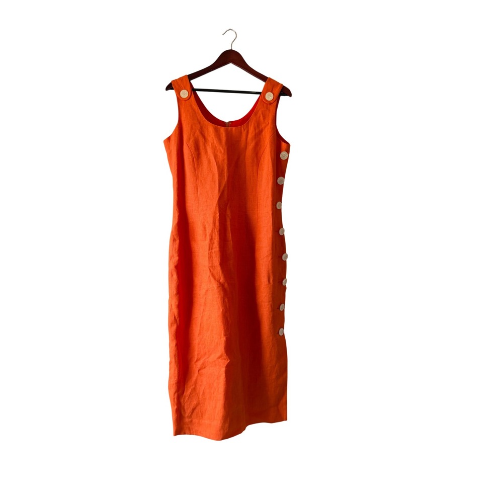 Santa Fe Vintage Orange Linen Button Accent Sheath Midi Dress Womens large